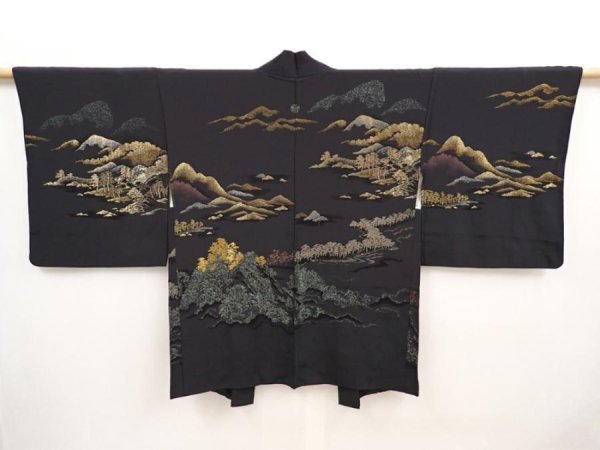 Photo1: 6609T08z490 Vintage Japanese Kimono Silk HAORI Amanohashidate Black (1)
