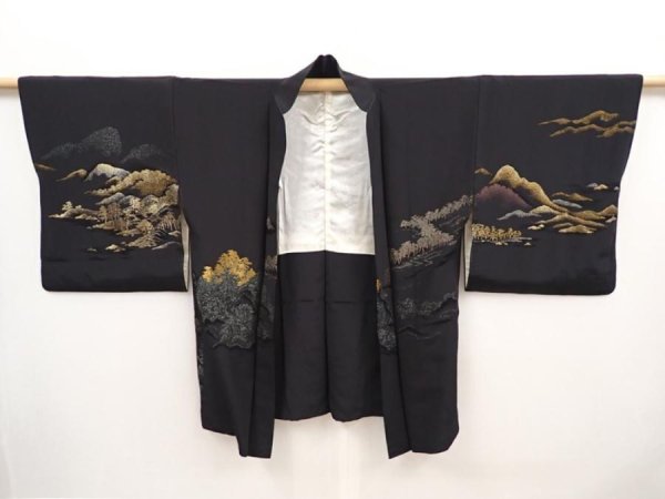Photo6: 6609T08z490 Vintage Japanese Kimono Silk HAORI Amanohashidate Black (6)