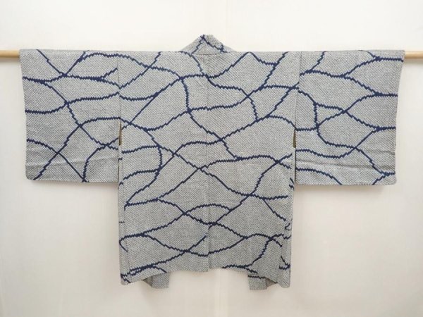 Photo1: 6609T09z470 Vintage Japanese Kimono Silk SHIBORI HAORI  Navy (1)