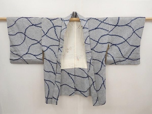 Photo5: 6609T09z470 Vintage Japanese Kimono Silk SHIBORI HAORI  Navy (5)