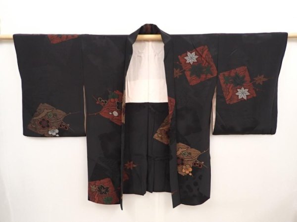 Photo6: 6609T10z640 Vintage Japanese Kimono Silk HAORI Plum blossom Black (6)