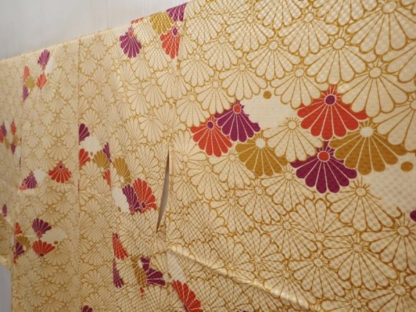 Photo2: 6609T11z740 Vintage Japanese Kimono Silk KOMON Chrysanthemum Champagne (2)