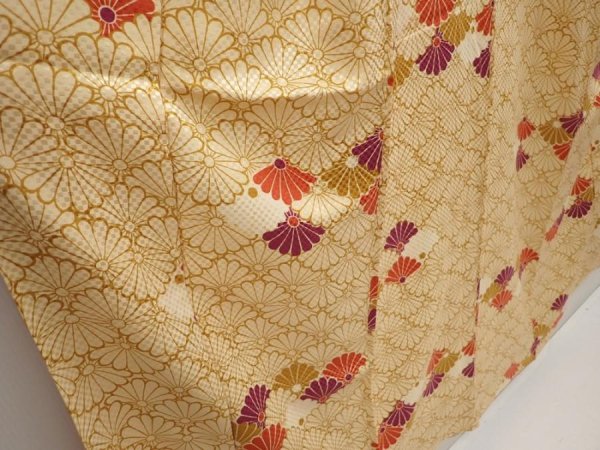 Photo3: 6609T11z740 Vintage Japanese Kimono Silk KOMON Chrysanthemum Champagne (3)