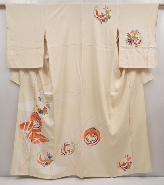 Photo1: 6609T13z950 Vintage Japanese Kimono Silk TSUKESAGE Phoenix Light cream (1)