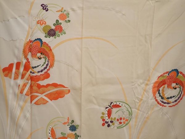 Photo8: 6609T13z950 Vintage Japanese Kimono Silk TSUKESAGE Phoenix Light cream (8)