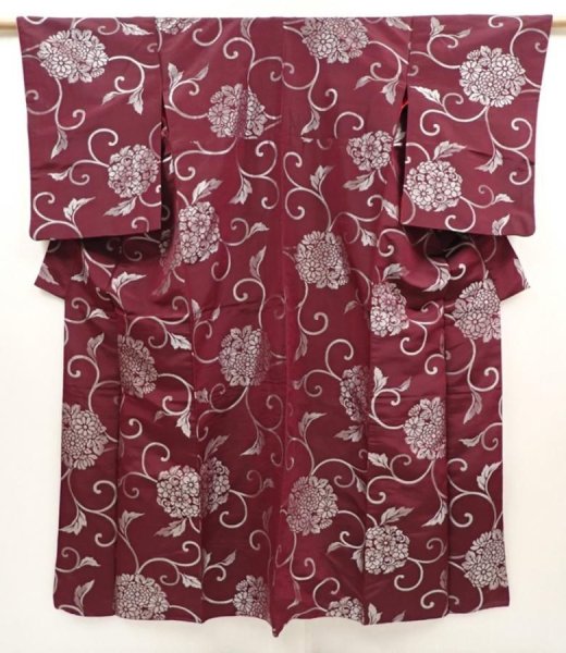 Photo1: 6609T14z590 Vintage Japanese Kimono Silk OMESHI Karahana Dark grape (1)