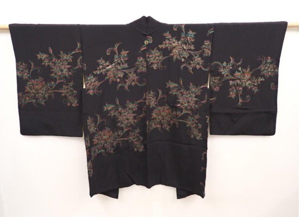 Photo1: 6610T01z560 Vintage Japanese Kimono Silk HAORI Flower Black (1)