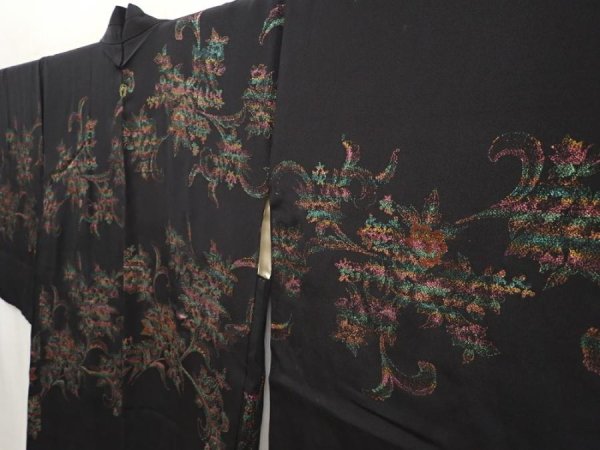 Photo2: 6610T01z560 Vintage Japanese Kimono Silk HAORI Flower Black (2)