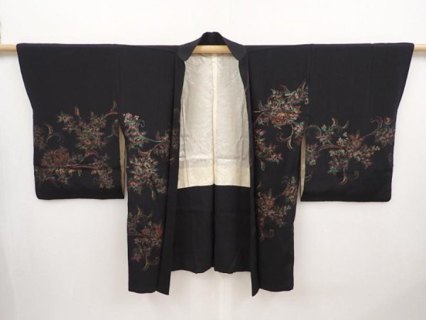 Photo7: 6610T01z560 Vintage Japanese Kimono Silk HAORI Flower Black (7)