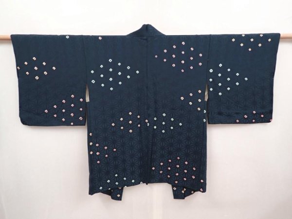 Photo1: 6610T02z550 Vintage Japanese Kimono Silk HAORI Hemp Dark navy (1)