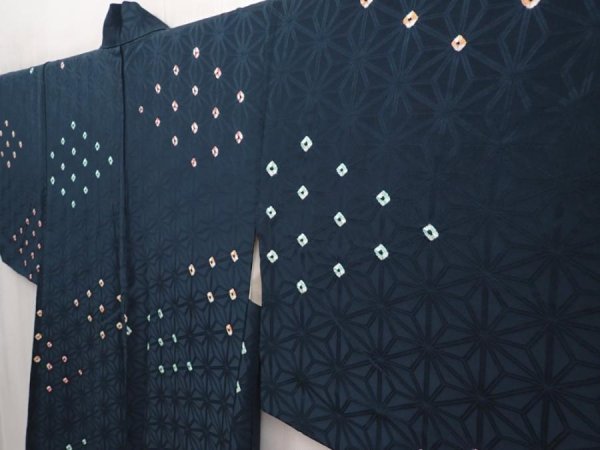 Photo2: 6610T02z550 Vintage Japanese Kimono Silk HAORI Hemp Dark navy (2)