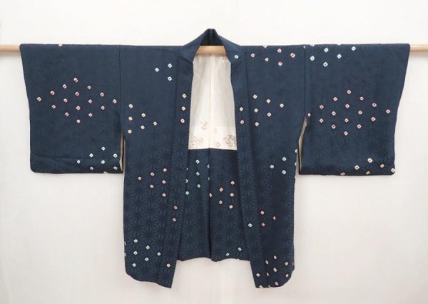 Photo4: 6610T02z550 Vintage Japanese Kimono Silk HAORI Hemp Dark navy (4)