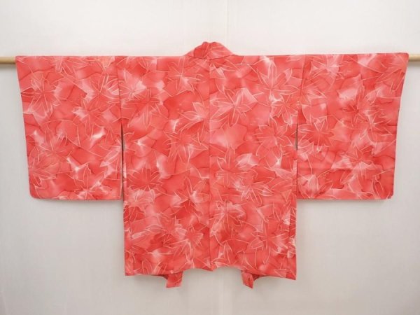 Photo1: 6610T04z560 Vintage Japanese Kimono Silk HAORI Maple Red-Pink (1)
