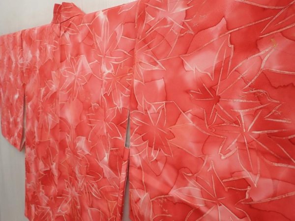 Photo2: 6610T04z560 Vintage Japanese Kimono Silk HAORI Maple Red-Pink (2)