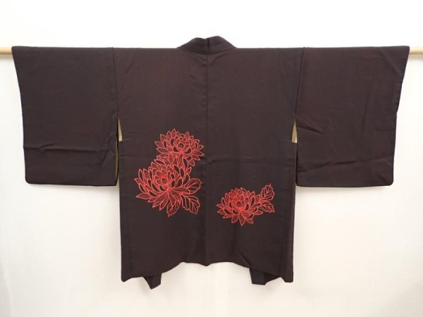 Photo1: 6610T05z670 Vintage Japanese Kimono Silk HAORI Chrysanthemum Dark brown (1)