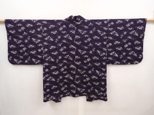 Photo1: 6610T06z470 Vintage Japanese Kimono Silk HAORI Flowers Dark purple (1)