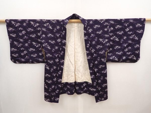 Photo5: 6610T06z470 Vintage Japanese Kimono Silk HAORI Flowers Dark purple (5)