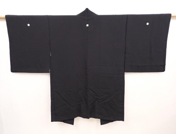 Photo1: 6610T09z700 Vintage Japanese Kimono Silk HAORI Plain Black (1)