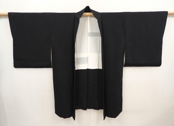 Photo6: 6610T09z700 Vintage Japanese Kimono Silk HAORI Plain Black (6)