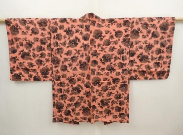 Photo1: 6610T10z400 Vintage Japanese Kimono Silk MEISEN HAORI Flower Dark coral (1)