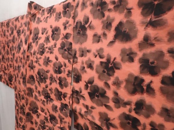 Photo2: 6610T10z400 Vintage Japanese Kimono Silk MEISEN HAORI Flower Dark coral (2)