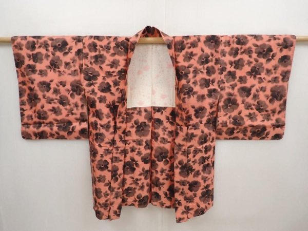 Photo5: 6610T10z400 Vintage Japanese Kimono Silk MEISEN HAORI Flower Dark coral (5)