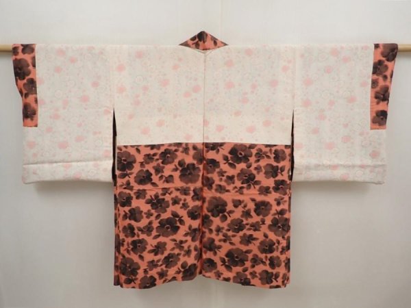 Photo6: 6610T10z400 Vintage Japanese Kimono Silk MEISEN HAORI Flower Dark coral (6)