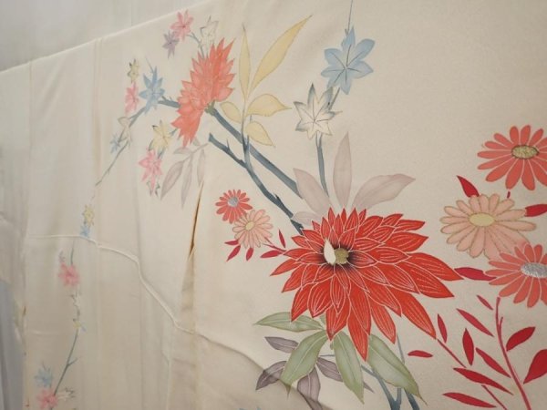 Photo2: 6610T11z810 Vintage Japanese Kimono Silk TSUKESAGE Flowers Off-white (2)