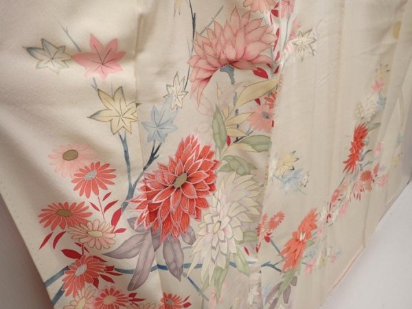 Photo3: 6610T11z810 Vintage Japanese Kimono Silk TSUKESAGE Flowers Off-white (3)