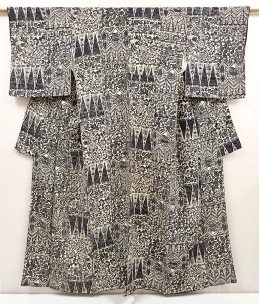 Photo1: 6610T12z930 Vintage Japanese Kimono Silk KOMON Flowers Black (1)
