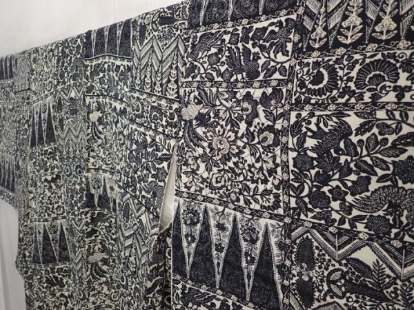 Photo2: 6610T12z930 Vintage Japanese Kimono Silk KOMON Flowers Black (2)