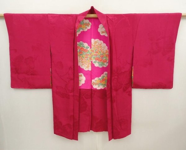 Photo1: 6611T03z480 Antique Japanese Kimono Silk HAORI Ivy Red-Pink (1)