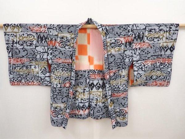 Photo5: 6611T05z500 Vintage Japanese Kimono Silk HAORI Flowers Gray (5)