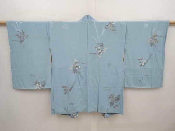 Photo1: 6611T07z510 Vintage Japanese Kimono Silk HAORI Flower Light blue (1)