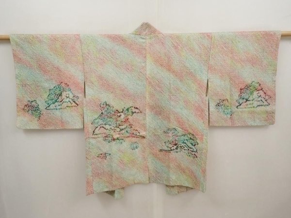 Photo1: 6611T09z450 Vintage Japanese Kimono Silk SHIBORI HAORI House Opal Green (1)