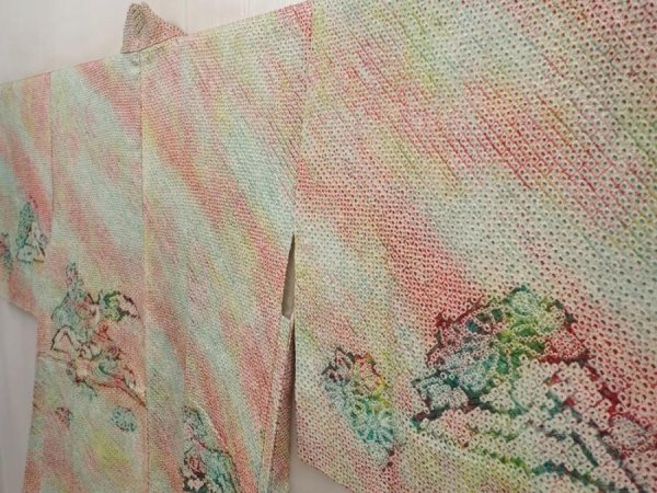 Photo2: 6611T09z450 Vintage Japanese Kimono Silk SHIBORI HAORI House Opal Green (2)