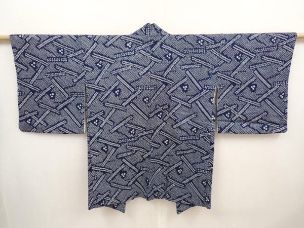 Photo1: 6611T10z500 Vintage Japanese Kimono Silk SHIBORI HAORI  Dark navy (1)