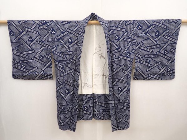 Photo5: 6611T10z500 Vintage Japanese Kimono Silk SHIBORI HAORI  Dark navy (5)