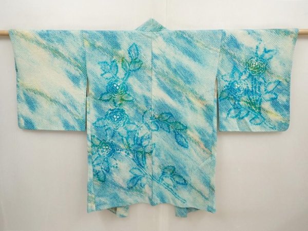 Photo1: 6611T11z460 Vintage Japanese Kimono Silk SHIBORI HAORI Flower Cyan blue (1)