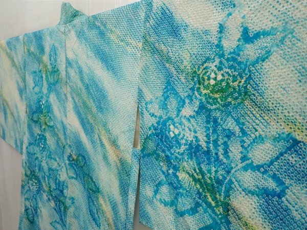 Photo2: 6611T11z460 Vintage Japanese Kimono Silk SHIBORI HAORI Flower Cyan blue (2)