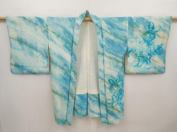 Photo5: 6611T11z460 Vintage Japanese Kimono Silk SHIBORI HAORI Flower Cyan blue (5)