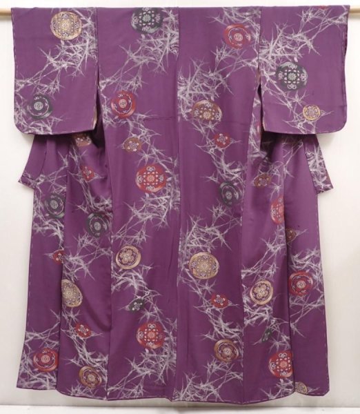 Photo1: 6611T12z880 Vintage Japanese Kimono Silk KOMON  Purple (1)
