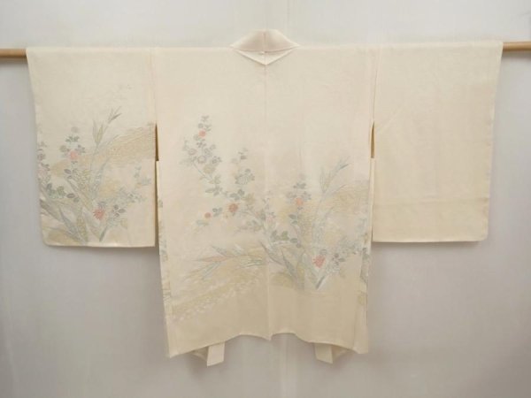 Photo1: 6611T01z580 Vintage Japanese Kimono Silk HAORI Flowers Off-white (1)