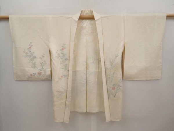Photo6: 6611T01z580 Vintage Japanese Kimono Silk HAORI Flowers Off-white (6)