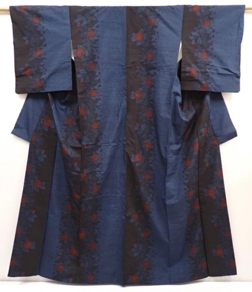 Photo1: 6611T13z770 Vintage Japanese Kimono Silk TSUMUGI Camellia Dark blue (1)