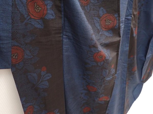 Photo3: 6611T13z770 Vintage Japanese Kimono Silk TSUMUGI Camellia Dark blue (3)