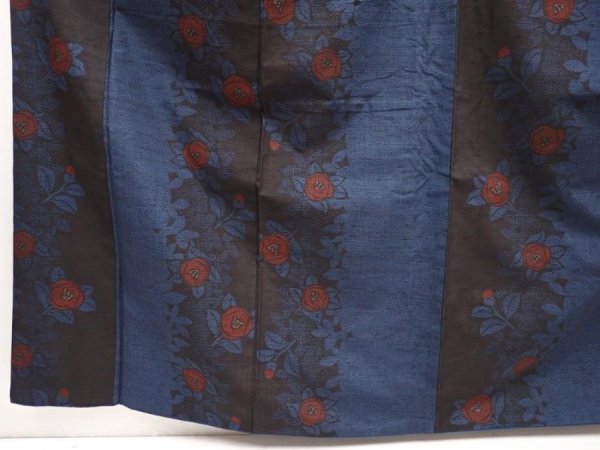 Photo4: 6611T13z770 Vintage Japanese Kimono Silk TSUMUGI Camellia Dark blue (4)