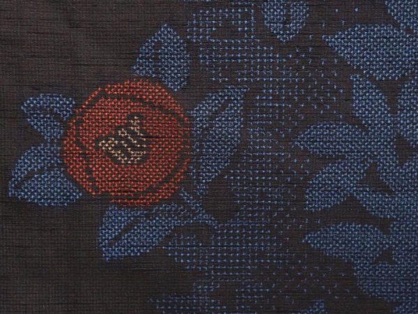 Photo6: 6611T13z770 Vintage Japanese Kimono Silk TSUMUGI Camellia Dark blue (6)