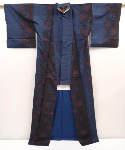 Photo8: 6611T13z770 Vintage Japanese Kimono Silk TSUMUGI Camellia Dark blue (8)