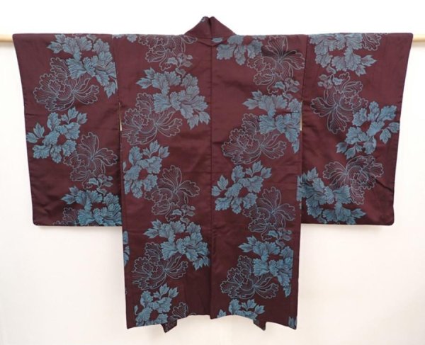 Photo1: 6612T01z580 Vintage Japanese Kimono Silk HAORI Peony Dark grape (1)